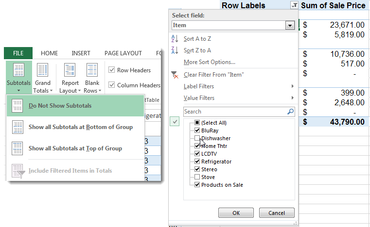 Create a PivotTable Calculated Item in Excel - Turn off Subtotals