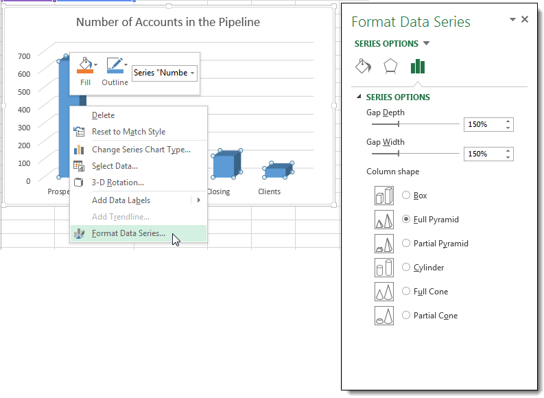 How to Create an Excel Funnel Chart - Column Shape 2013