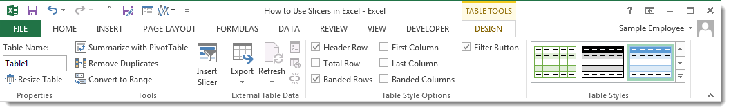 How to Use Slicers in Excel 2013 - Add Slicer to a Table