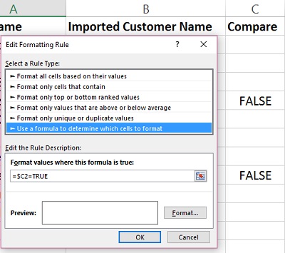 Compare Columns in Excel Cond Fmt
